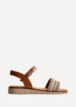 Linzi Topaz Wide Fit Tan Raffia Embellished Flat Sandals