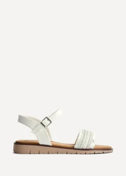 Linzi Topaz Wide Fit White Raffia Embellished Flat Sandals
