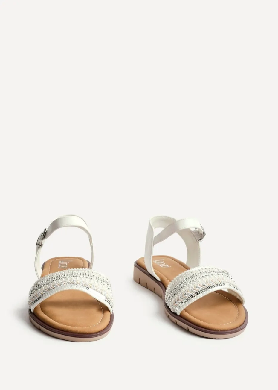Linzi Topaz Wide Fit White Raffia Embellished Flat Sandals