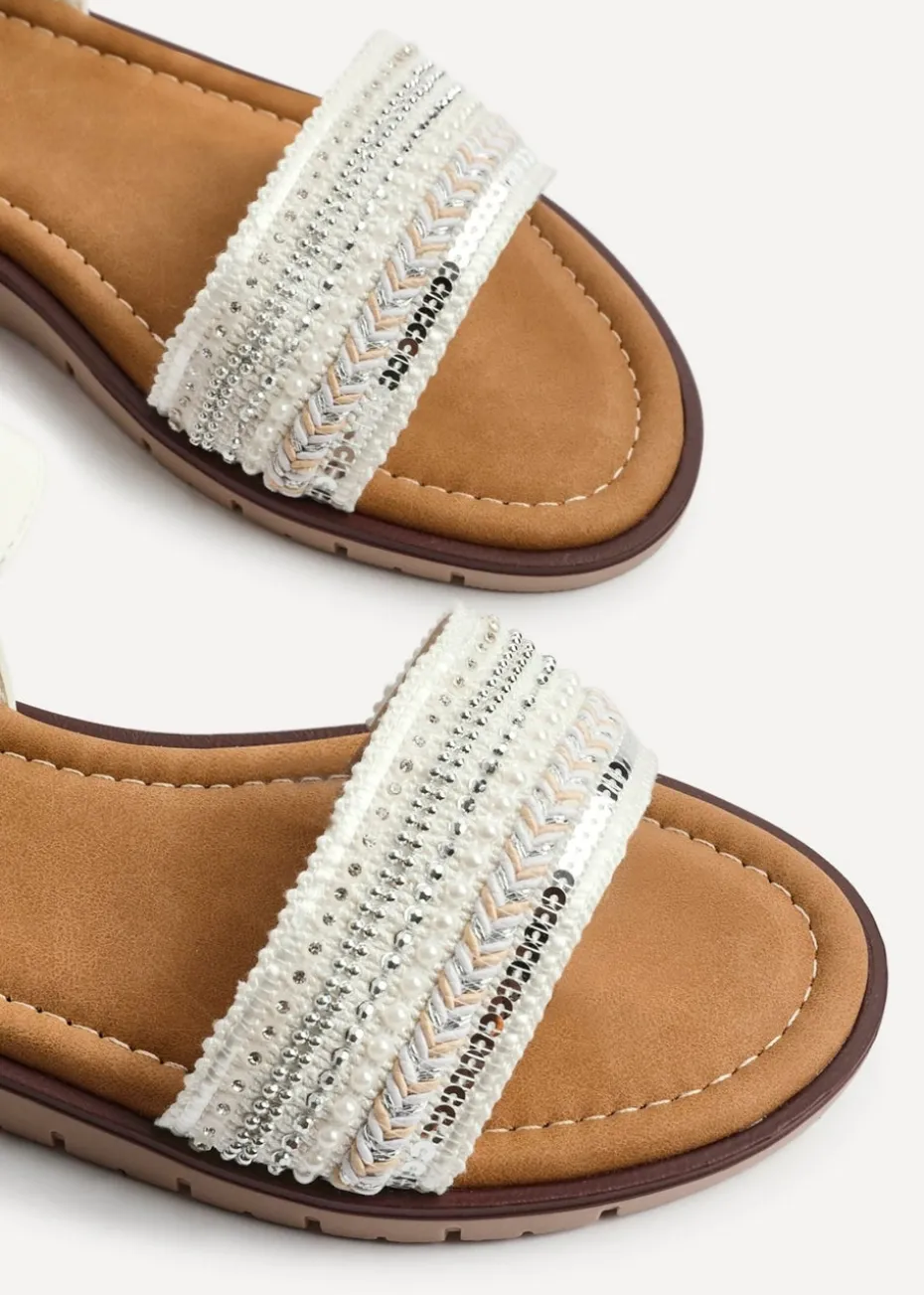 Linzi Topaz Wide Fit White Raffia Embellished Flat Sandals