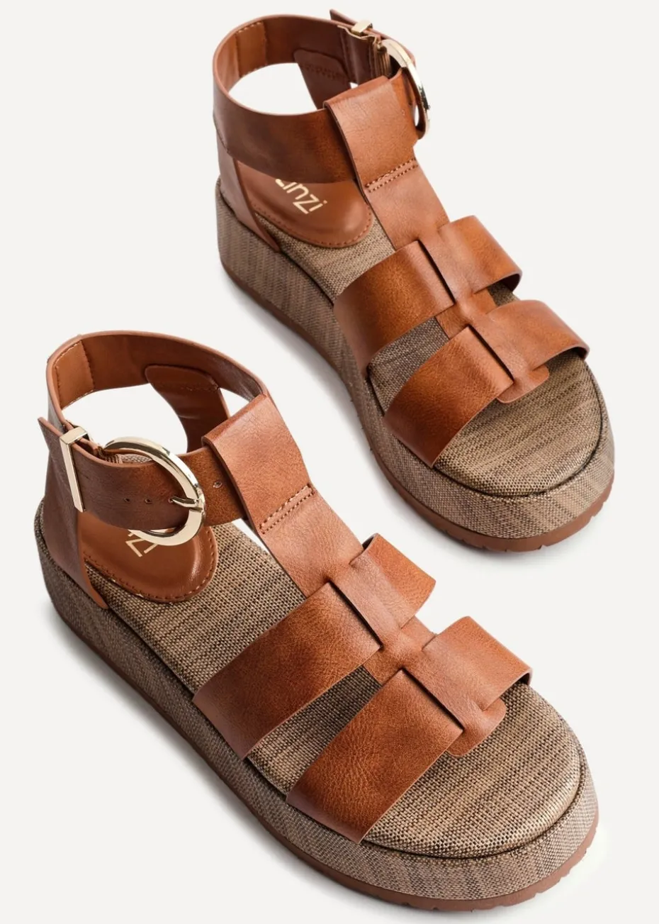 Linzi Tori Tan Faux Leather Gladiator Flatform Sandals