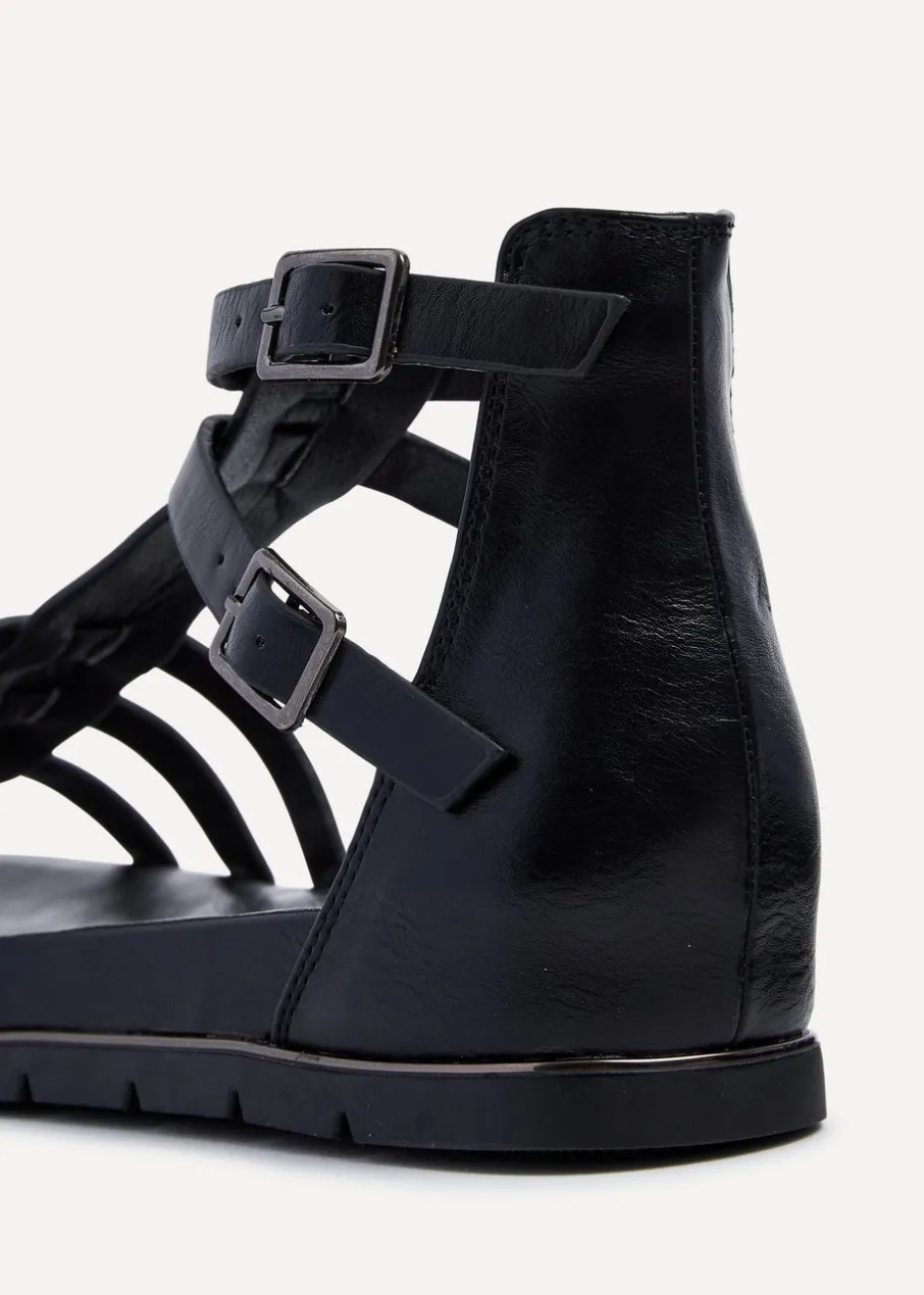 Linzi Tour Black Faux Leather Gladiator Style T Bar Sandals