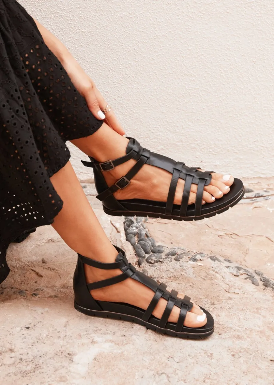 Linzi Tour Black Faux Leather Gladiator Style T Bar Sandals
