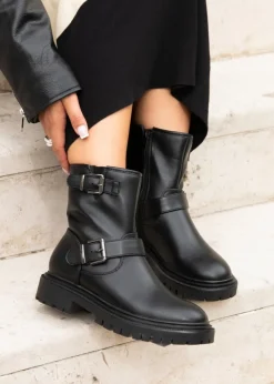 Linzi Trinity Black Faux Leather Biker Style Boot