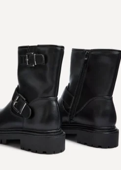 Linzi Trinity Black Faux Leather Biker Style Boot