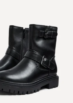 Linzi Trinity Black Faux Leather Biker Style Boot