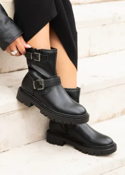 Linzi Trinity Black Faux Leather Biker Style Boot