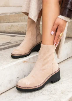 Linzi Trish Beige Faux Suede Wedged Heel Ankle Boot