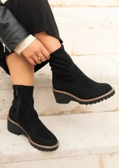 Linzi Trish Black Faux Suede Wedged Heel Ankle Boot
