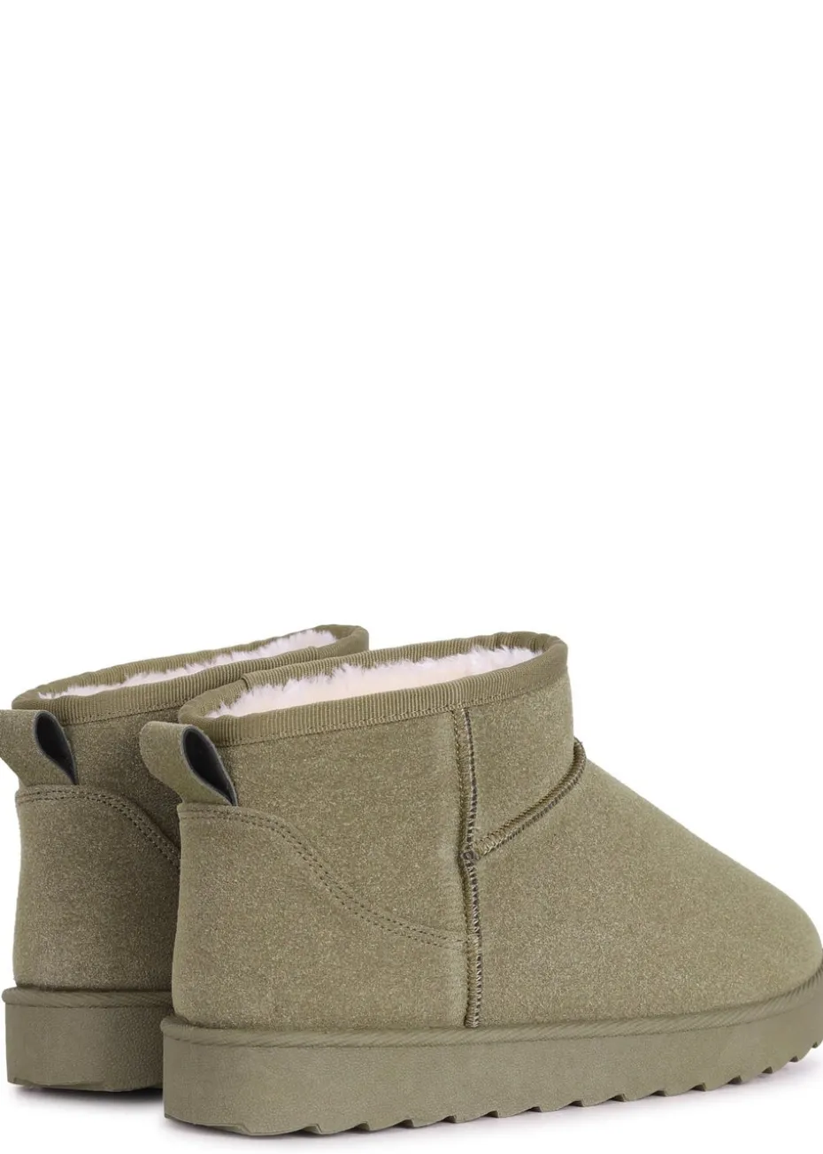 Linzi Ultra Mini Addy Khaki Faux Suede Faux Fur Lined