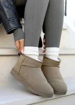 Linzi Ultra Mini Addy Khaki Faux Suede Faux Fur Lined