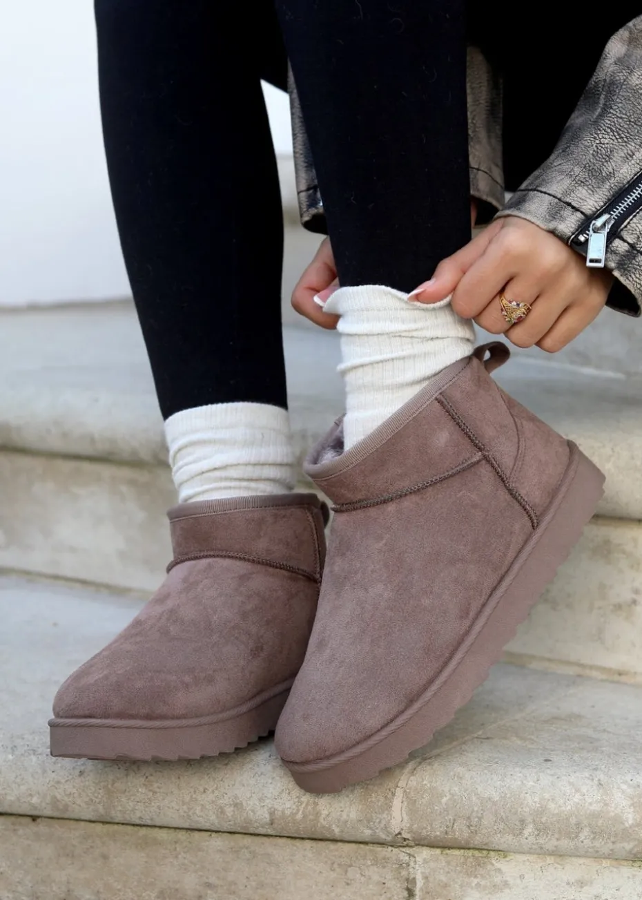 Linzi Ultra Mini Addy Mocha Faux Suede Faux Fur Lined