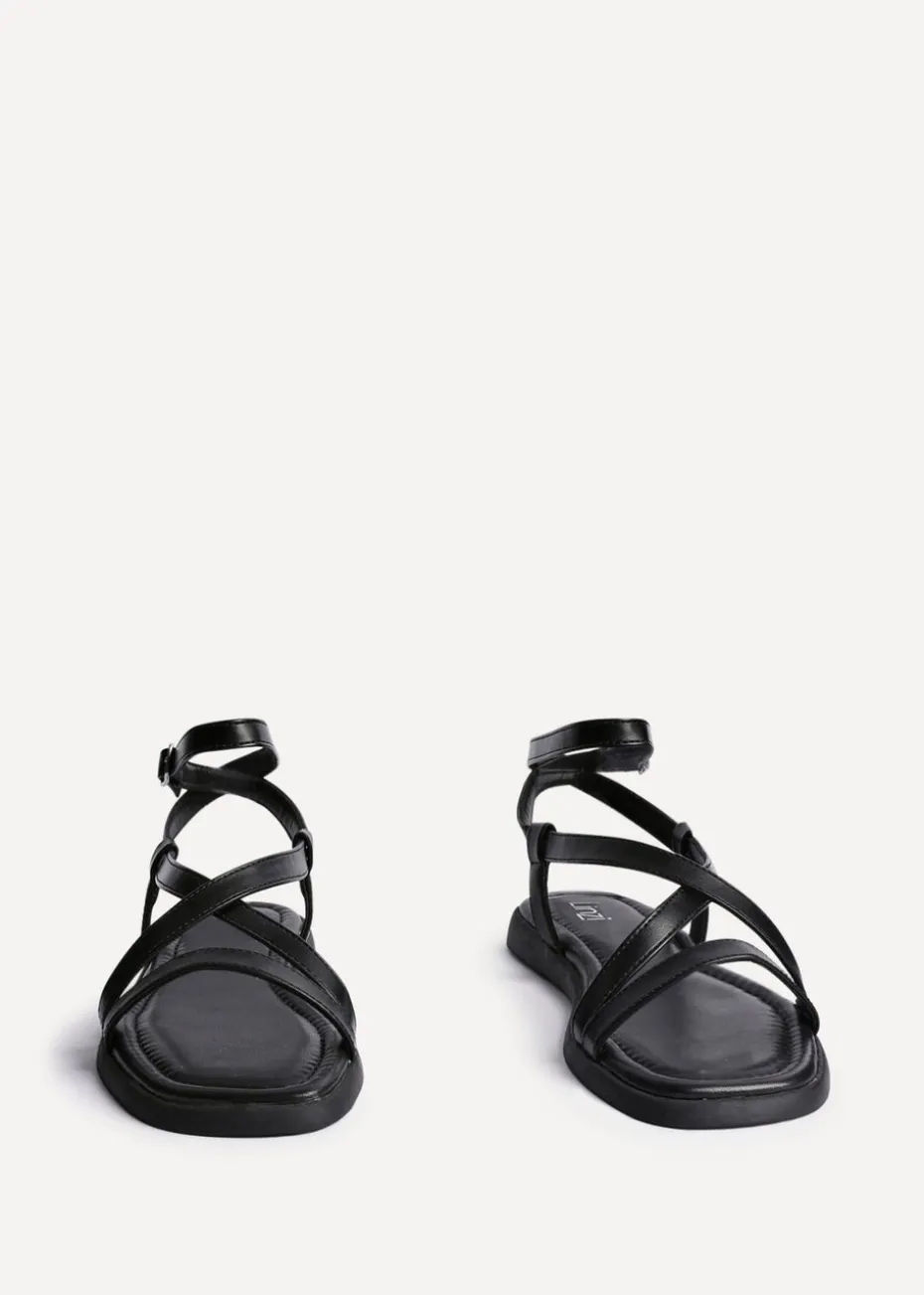 Linzi Valor Black Faux Leather Strappy Flat Sandals