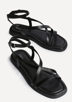 Linzi Valor Black Faux Leather Strappy Flat Sandals
