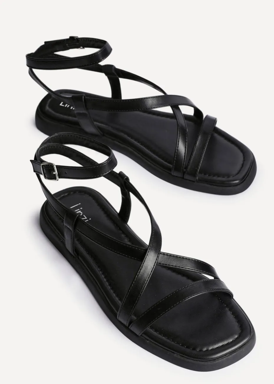 Linzi Valor Black Faux Leather Strappy Flat Sandals