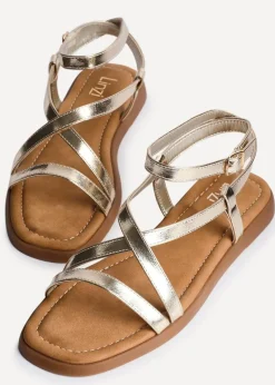 Linzi Valor Gold Faux Leather Strappy Flat Sandals