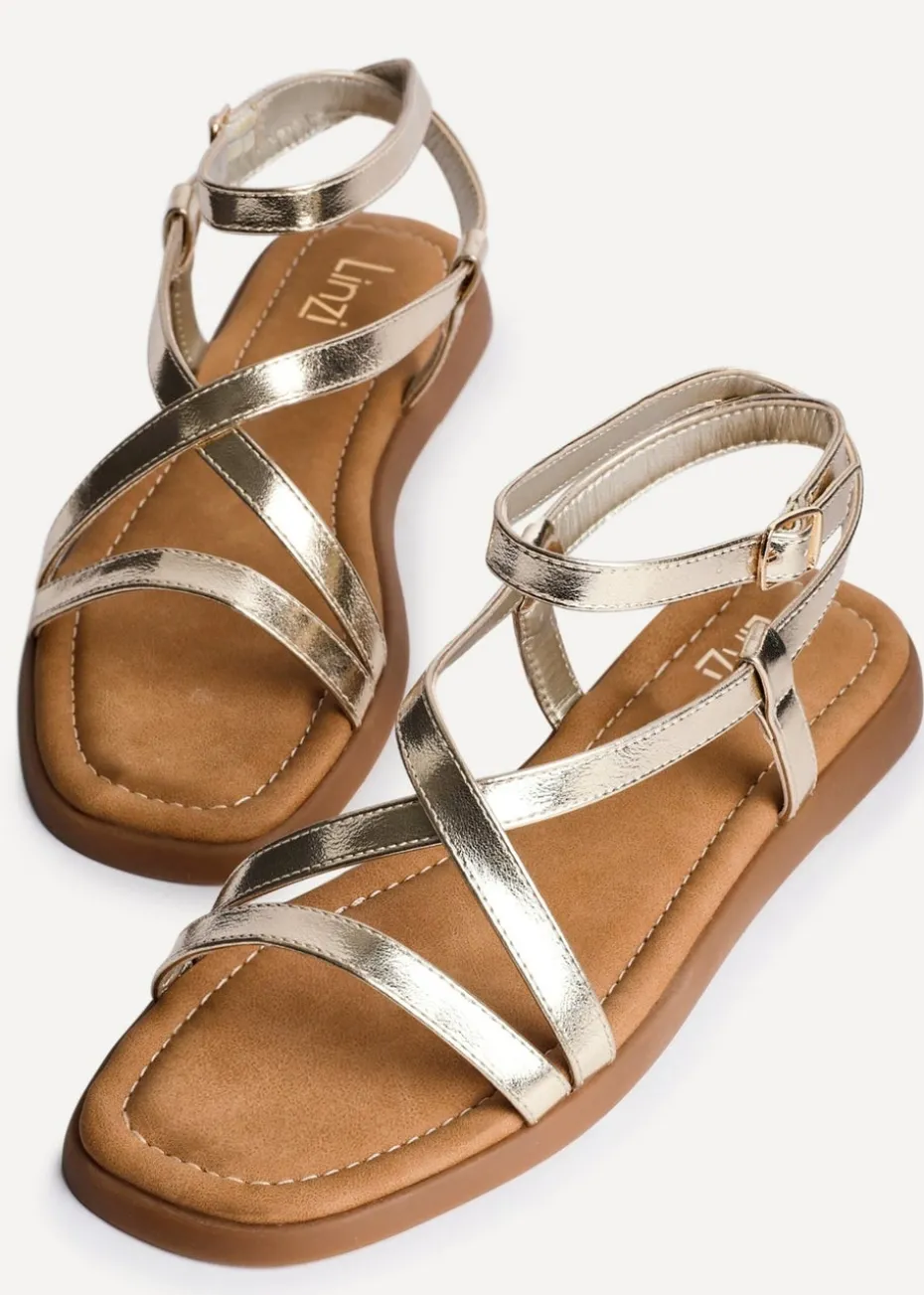 Linzi Valor Gold Faux Leather Strappy Flat Sandals