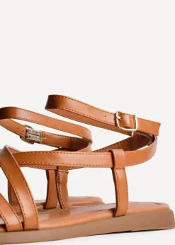 Linzi Valor Tan Faux Leather Strappy Flat Sandals