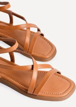 Linzi Valor Tan Faux Leather Strappy Flat Sandals