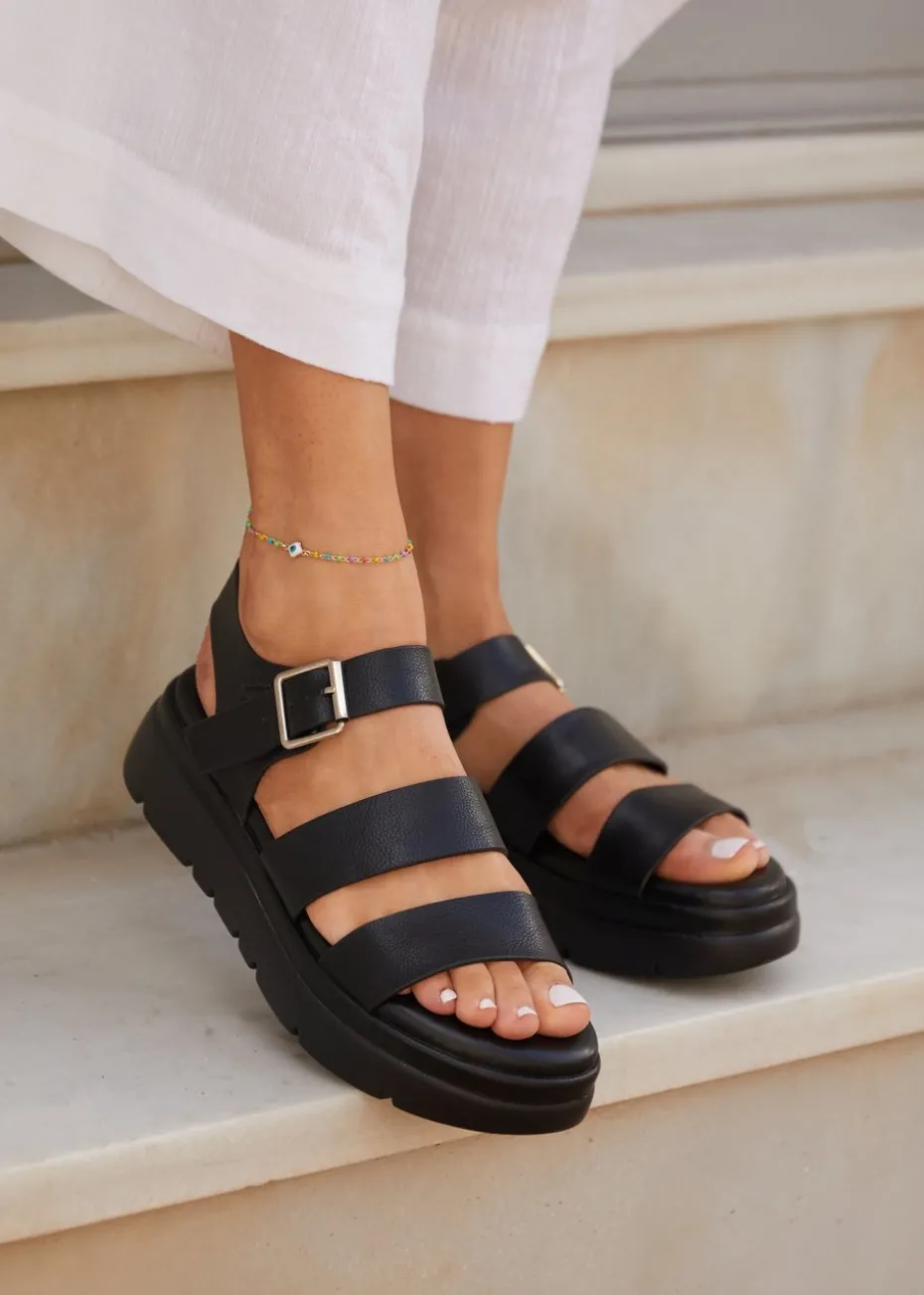 Linzi Venus Black Faux Leather Double Strap Flatform Sandal