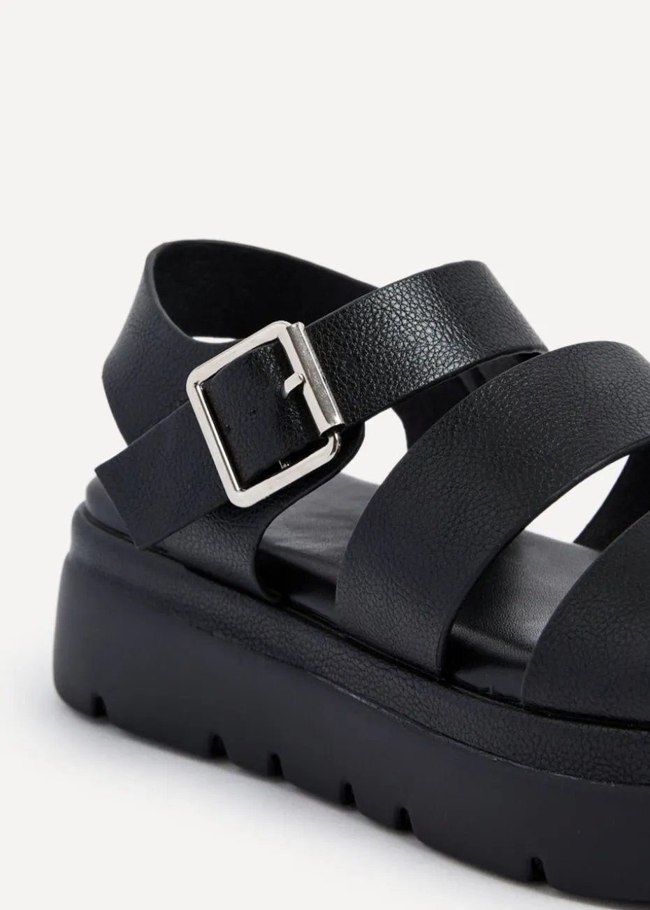 Linzi Venus Black Faux Leather Double Strap Flatform Sandal