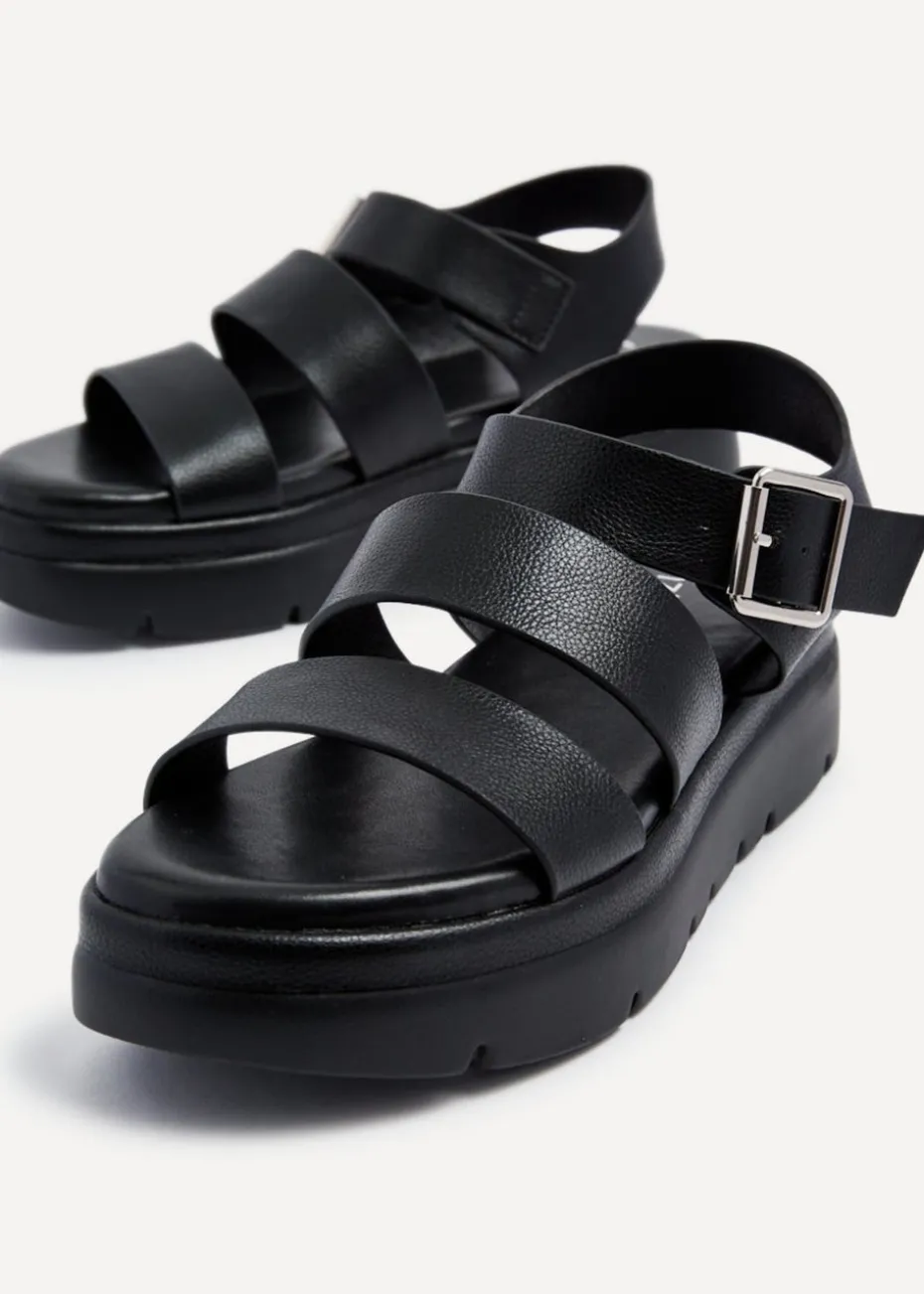 Linzi Venus Black Faux Leather Double Strap Flatform Sandal