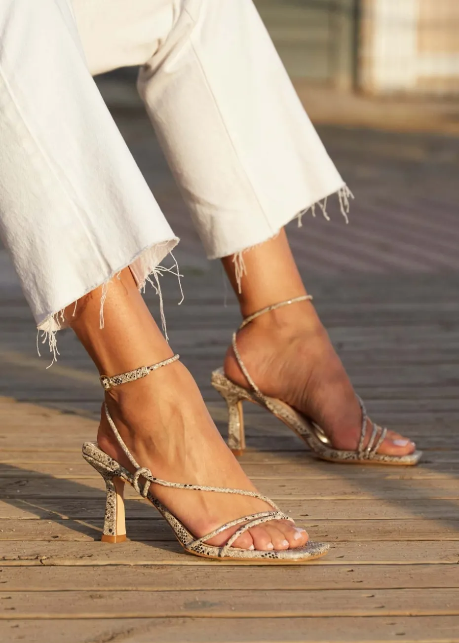 Linzi Vesper Snake Print Faux Leather Strappy Wrap Around Heeled Sandal