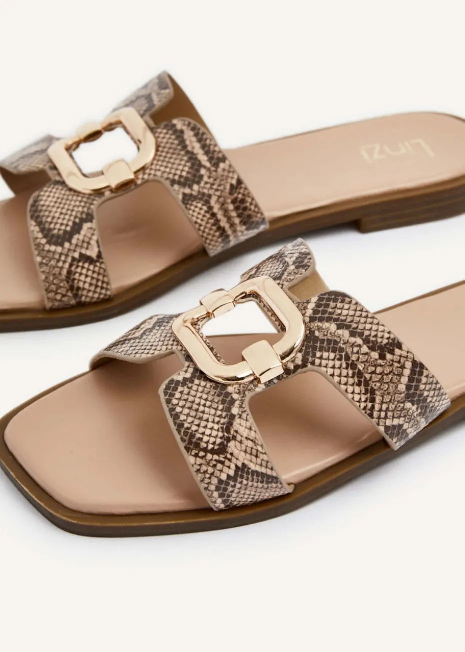 Linzi Vida Snake Print Faux Leather Flat Sandal