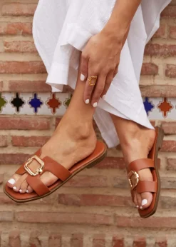 Linzi Vida Tan Faux Leather Flat Sandal