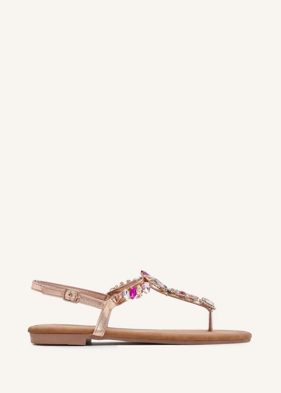 Linzi Viola Rose Gold Flat T Bar Large Diamante Trim Sandal