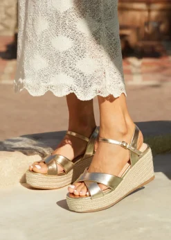 Linzi Vision Gold Faux Leather Crossover Rope Detail Wedge