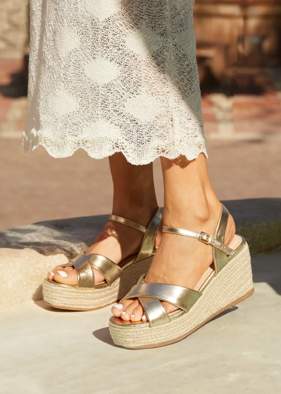 Linzi Vision Gold Faux Leather Crossover Rope Detail Wedge