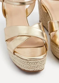 Linzi Vision Gold Faux Leather Crossover Rope Detail Wedge