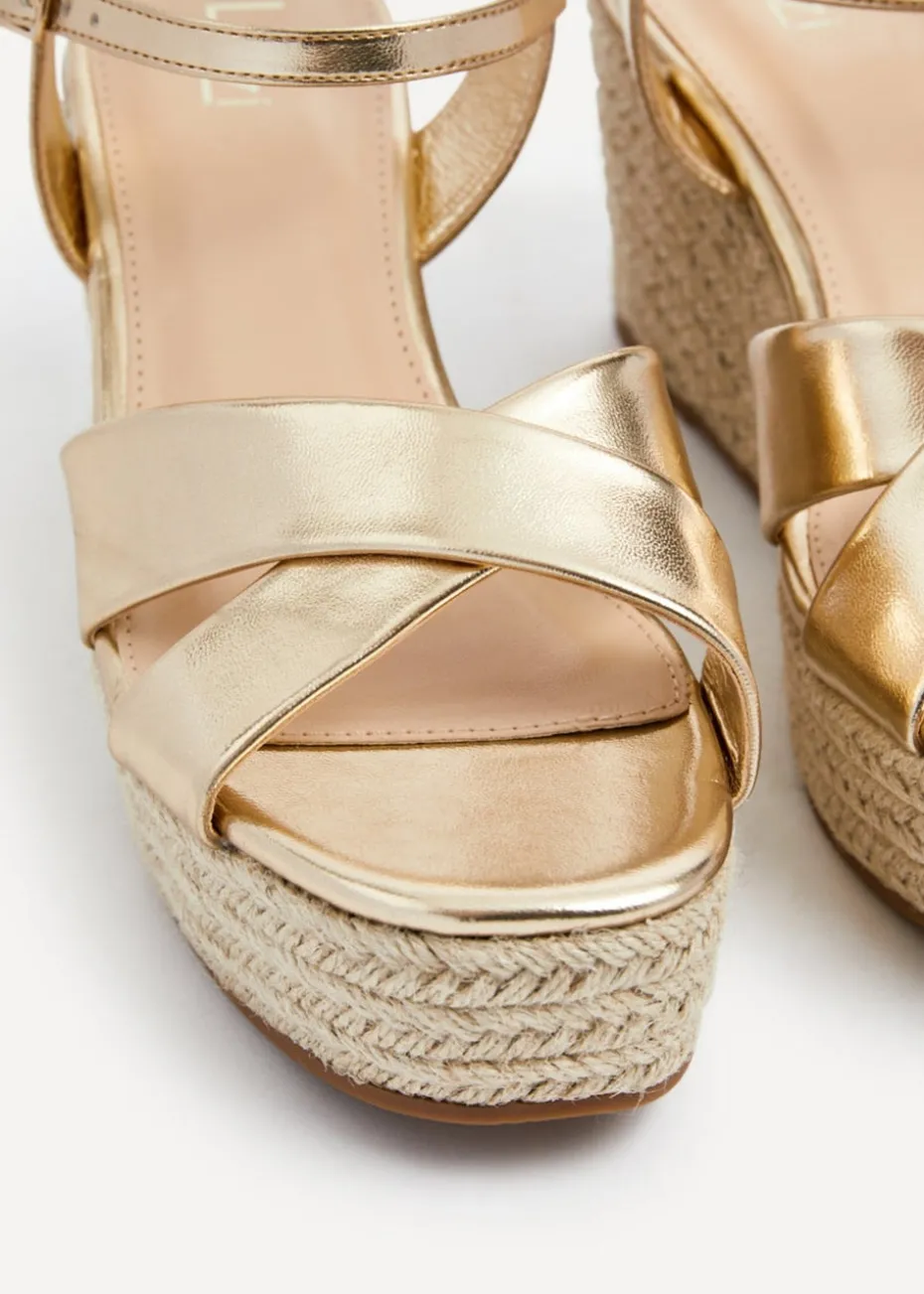 Linzi Vision Gold Faux Leather Crossover Rope Detail Wedge