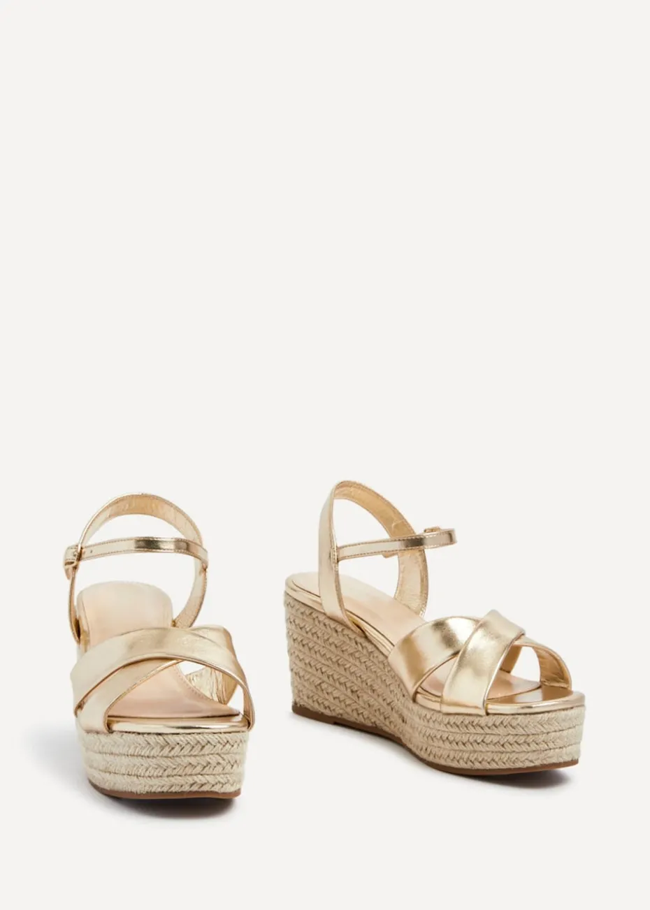 Linzi Vision Gold Faux Leather Crossover Rope Detail Wedge
