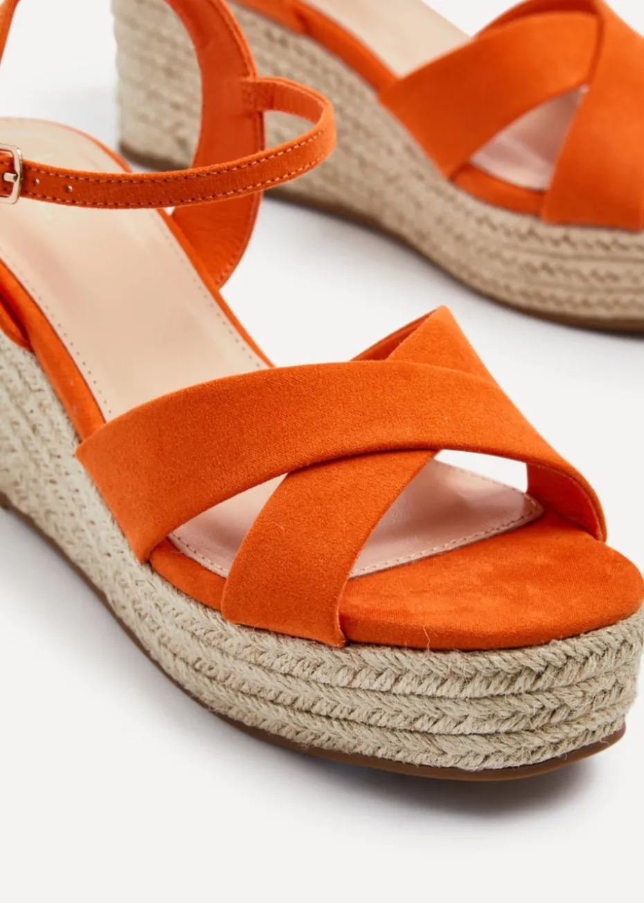Linzi Vision Orange Faux Suede Crossover Rope Detail Wedge