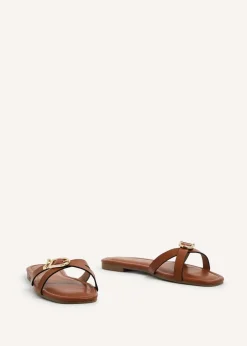 Linzi Yasmin Tan Faux Leather Crossover Slider Sandal