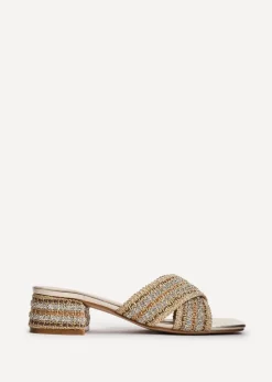 Linzi Zadie Gold Raffia Embellished Block Heel Mule Sandal