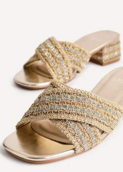 Linzi Zadie Gold Raffia Embellished Block Heel Mule Sandal