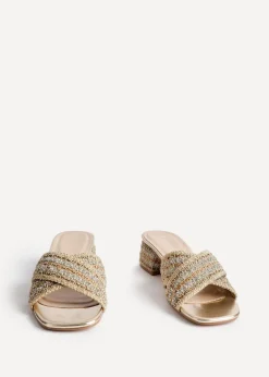 Linzi Zadie Gold Raffia Embellished Block Heel Mule Sandal