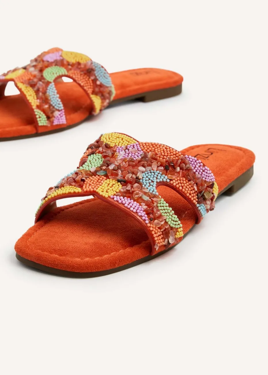 Linzi Zahara Orange Faux Suede Embellished Slider Sandal