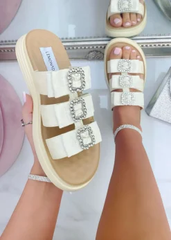 Love Lemonade Beige Crystal Buckle Triple Bow Sliders