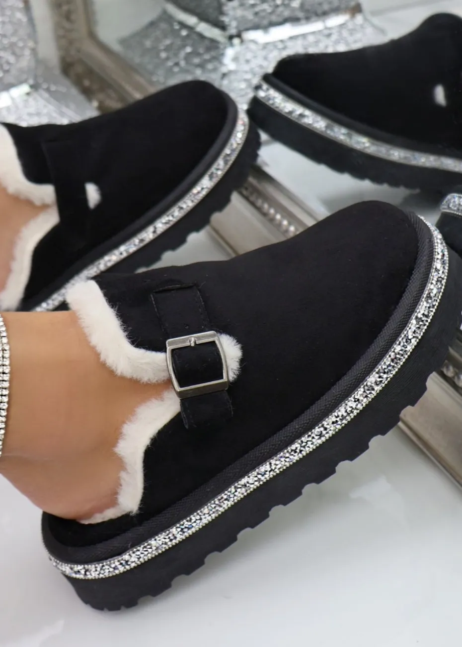 Love Lemonade Black Crystal Trim Buckle Slip On Clogs