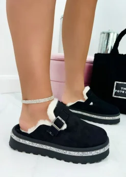 Love Lemonade Black Crystal Trim Buckle Slip On Clogs