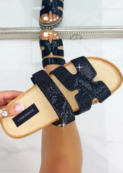 Love Lemonade Black Crystal Luxe Double Strap Sliders