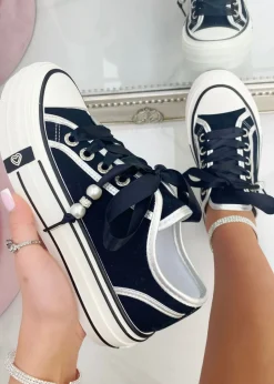 Love Lemonade Black Crystal Lover Lace Up Platform Trainers