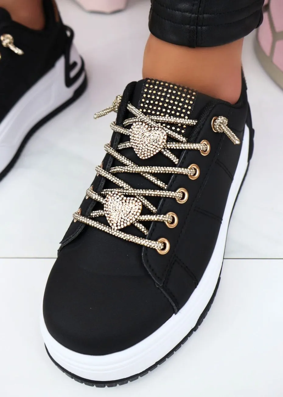 Love Lemonade Black Crystal Hearts Sparkly Lace Up Trainers