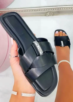 Love Lemonade Black Sparkly Crystal Wrap Flat Sliders