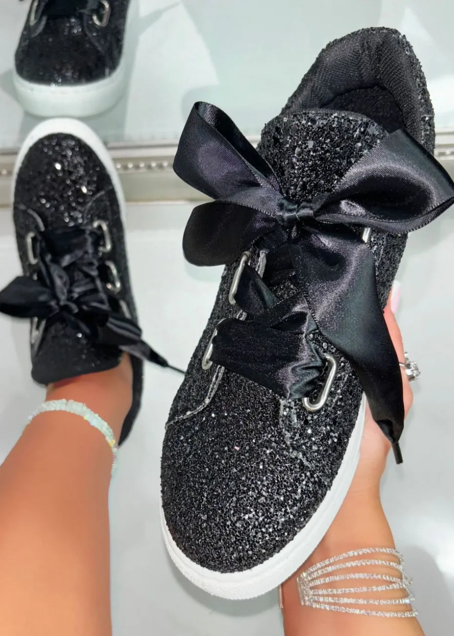 Love Lemonade Black Sparkly Glitter Ribbon Lace Trainers