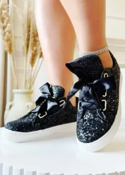 Love Lemonade Black Sparkly Glitter Ribbon Lace Trainers